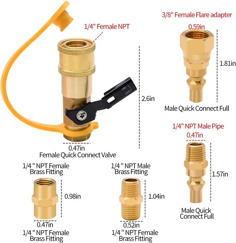 Ruby Q 7pcs Propane Quick Connect Fittings,1/4" RV Propane Quick Connect Fittings Adapter with 3/8" Flare x 1/4" NPT Male Pipe Half-Union Fitting 1/4" Male NPT 1/4" Female NPT - Image 2